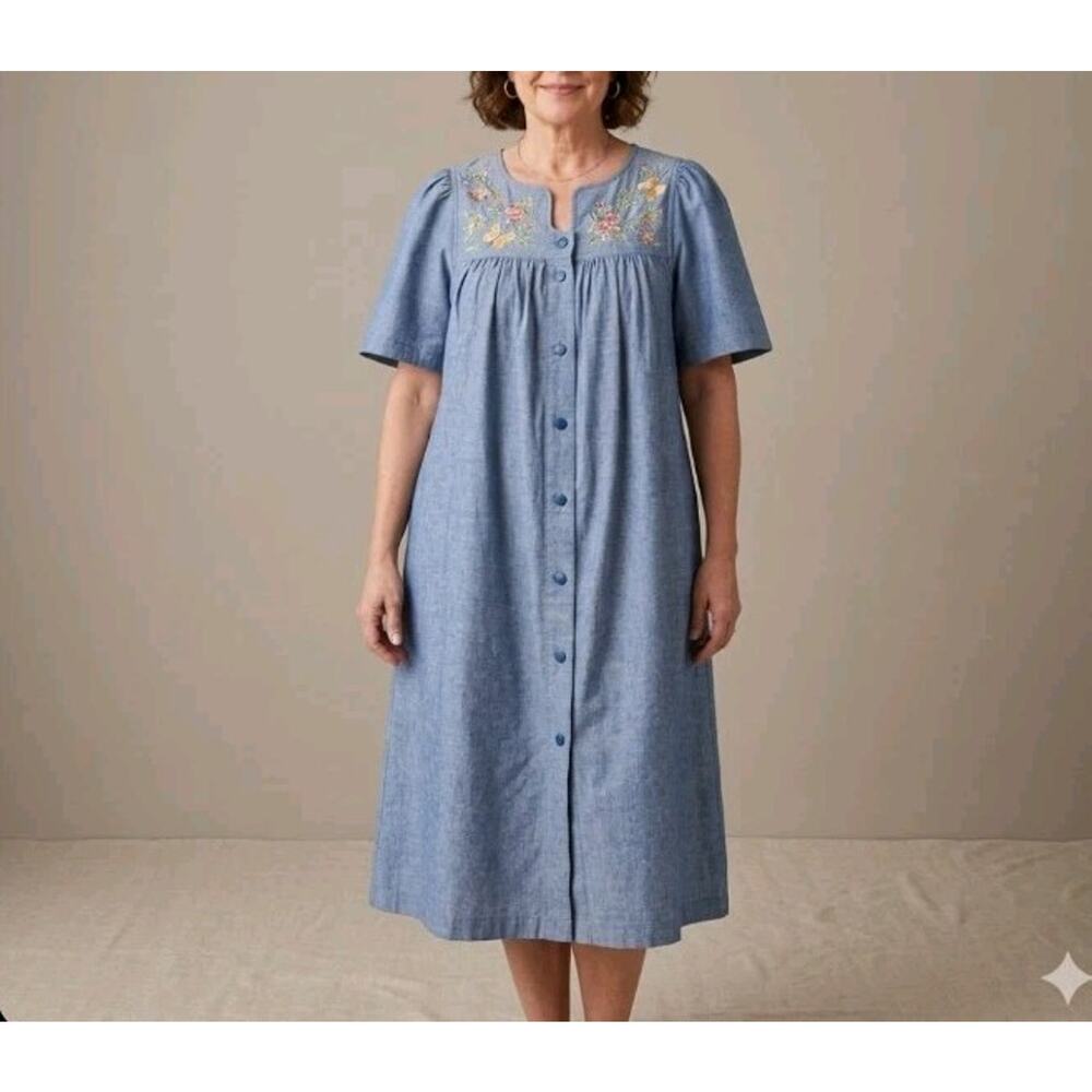 Bechamel Women Dress PS Denim Floral Embroidered Midi Cottagecore Mom Style